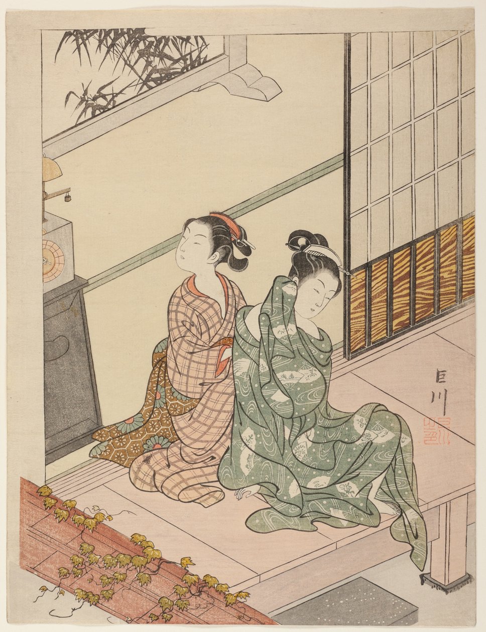 Wieczorny Dzwon Zegara (Tokei no bansho) z serii „Osiem widoków salonu (Zashiki hakkei)” autorstwa Suzuki Harunobu