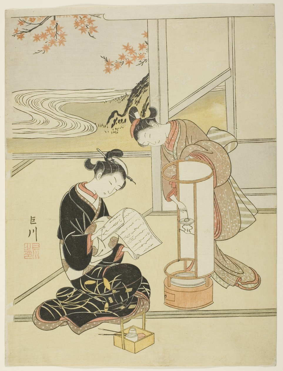 Wieczorna poświata lampy (Andon no sekisho), z serii „Osiem widoków salonu (Zashiki hakkei)” autorstwa Suzuki Harunobu