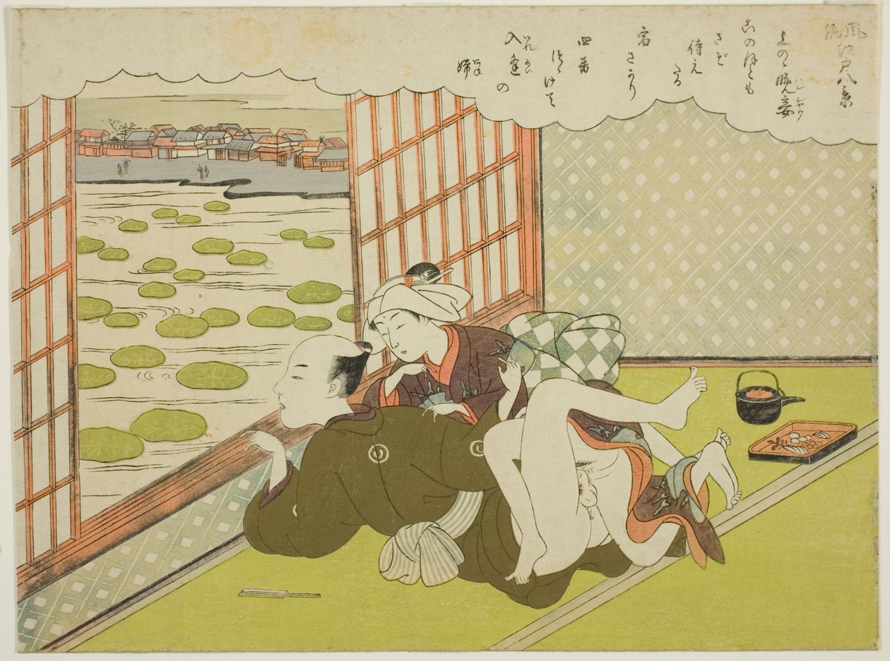 Wieczorna kochanka w Ueno (Ueno no bansho), z serii „Osiem modnych widoków Edo (Furyu Edo hakkei)” autorstwa Suzuki Harunobu