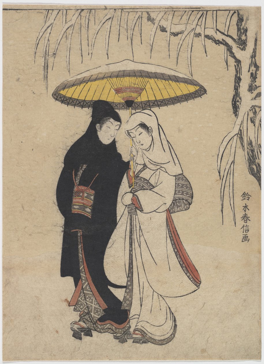 Sztuka Wschodu: Młodzi kochankowie spacerujący razem pod parasolem w burzy śnieżnej, par Harunobu, Suzuki (1724-1770), ok. 1769. Kolorowy drzeworyt, 25,7x19,1. Prywatna kolekcja autorstwa Suzuki Harunobu