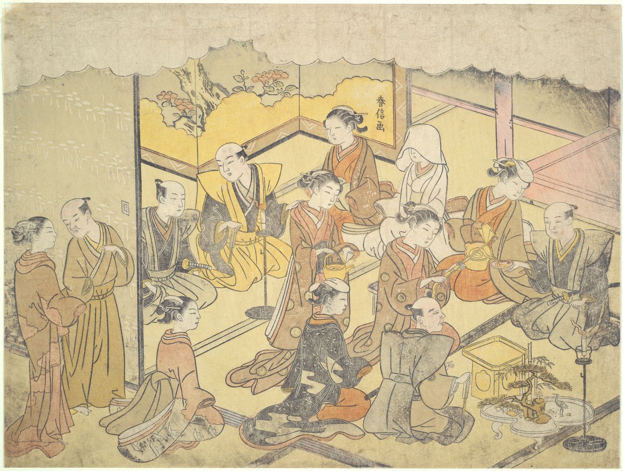 Ślubna czarka do sake: ceremonie zaślubin autorstwa Suzuki Harunobu