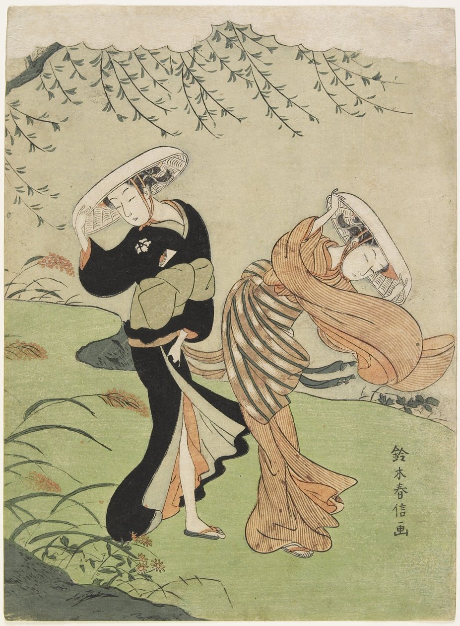 Dwie kobiety w silnym wietrze, c. 1767 autorstwa Suzuki Harunobu