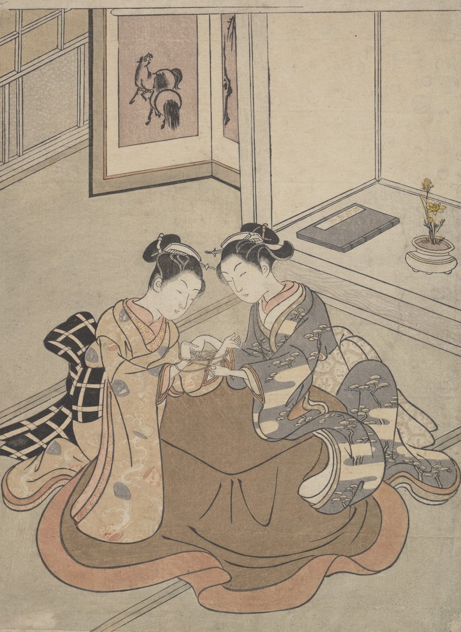 Dwie młode kobiety siedzące przy kotatsu bawiącym się w kociej kołysce, ca. 1765 r., ok. 1765 r. 1765. autorstwa Suzuki Harunobu