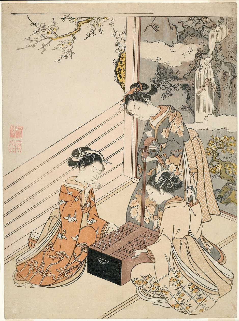 Oglądanie gry, ok. 1766 (kolorowy drzeworyt; chuban, surimono) autorstwa Suzuki Harunobu