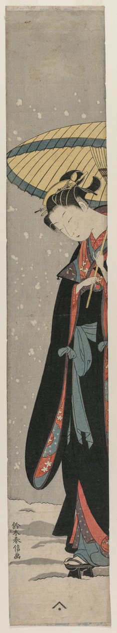 Kobieta Bihin z parasolem w śniegu Z serii Mu Tamagawa. autorstwa Suzuki Harunobu