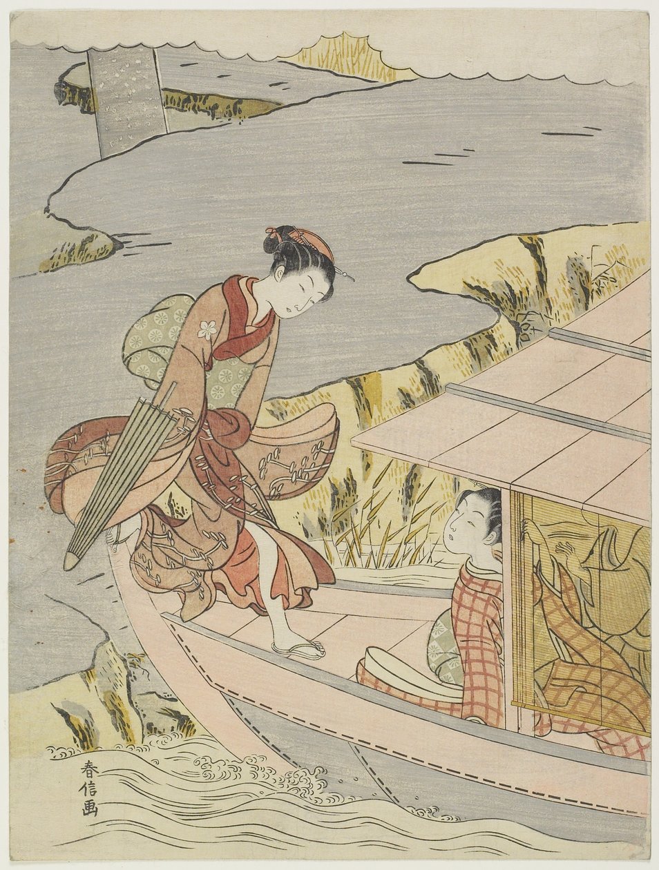 Kobieta wsiadająca do łodzi, ok. 1767 autorstwa Suzuki Harunobu