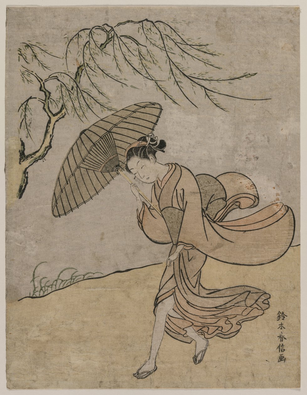 Kobieta biegnąca obok wierzby na wietrze, 1766 lub 1767. autorstwa Suzuki Harunobu