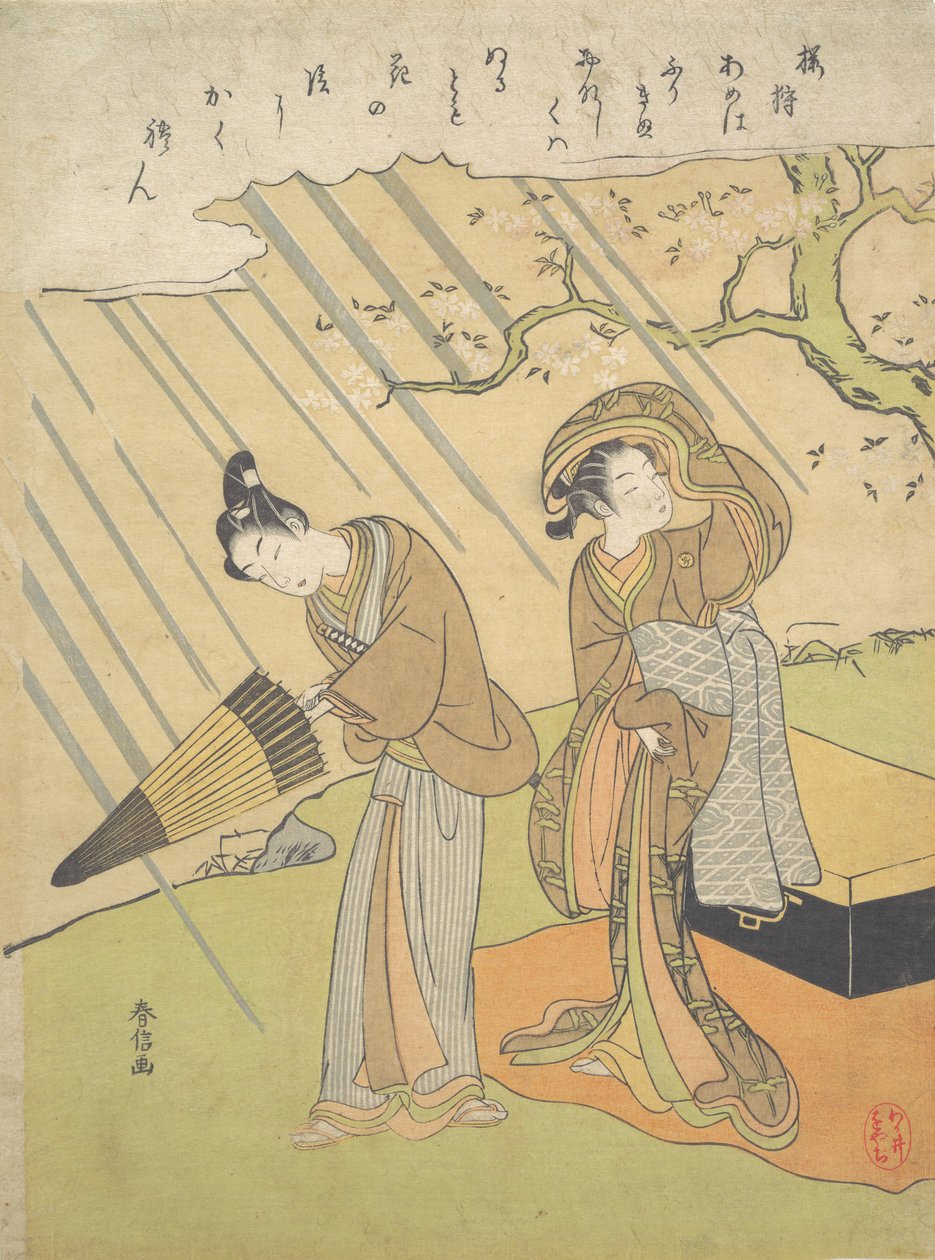 Młody mężczyzna i kobieta w deszczu podczas rozkoszowania się kwiatami wiśni Sakura-gari..., ca. 1768-70. autorstwa Suzuki Harunobu