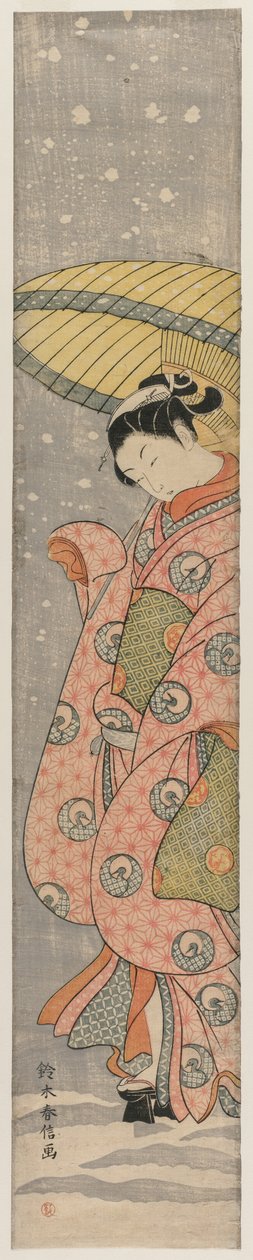 Młoda kobieta stojąca pod parasolem na śniegu, 1767-1768. autorstwa Suzuki Harunobu