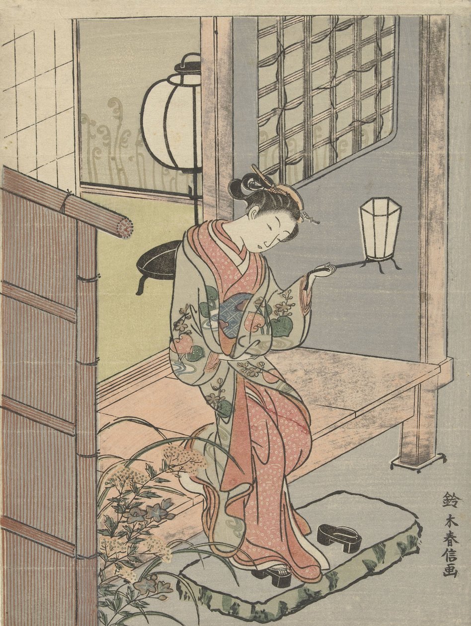 Młoda kobieta z latarnią, 1765-70 (kolorowy drzeworyt) autorstwa Suzuki Harunobu