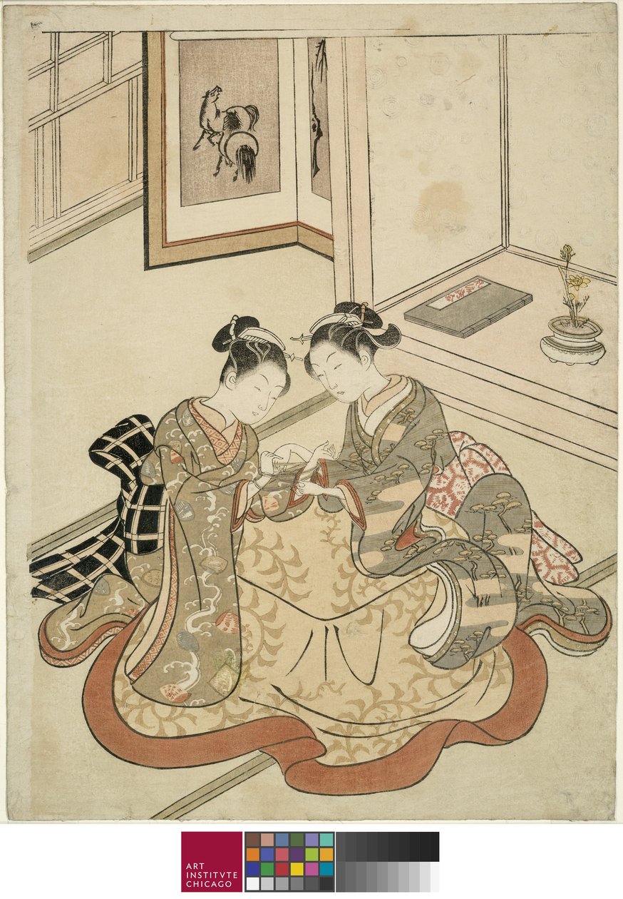 Młode kobiety bawiące się w kociej kołysce, c.1767-68 autorstwa Suzuki Harunobu