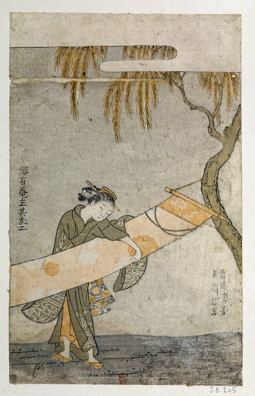 Młoda kobieta pielęgnująca kakemono przywiązuje się do drzewa. Japońska grafika Harunobu Suzuki (1725-1770) autorstwa Suzuki Harunobu