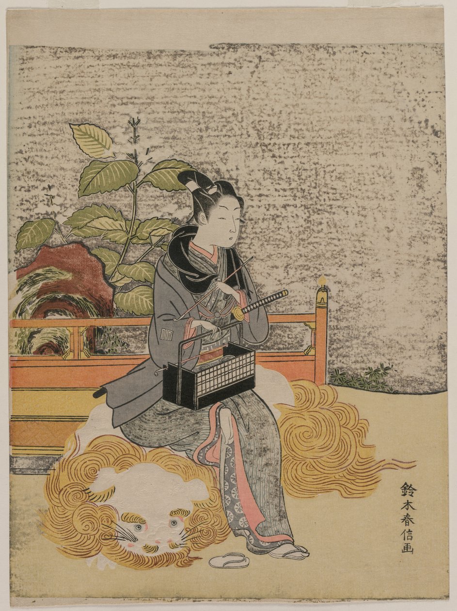 Młodzież reprezentująca Monju, Boga Mądrości na lwie, c. 1767. autorstwa Suzuki Harunobu