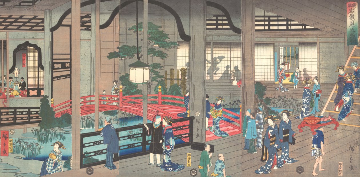 Wnętrze herbaciarni Gankiro w Jokohamie, kwiecień 1861. autorstwa Suzuki Hiroshige