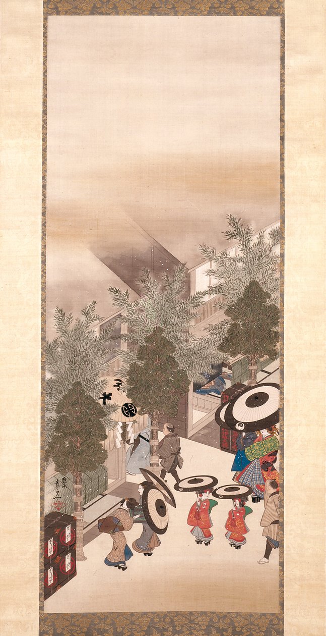 Yoshiwara And Shinagawa (atrament, kolor i złoto na jedwabiu) autorstwa Suzuki Kiitsu