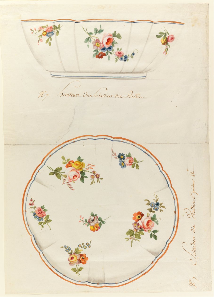 Projekt zapiekanej miski na sałatkę z malowanej porcelany dla manufaktury porcelany Sèvres autorstwa Sèvres Porcelain Manufactory