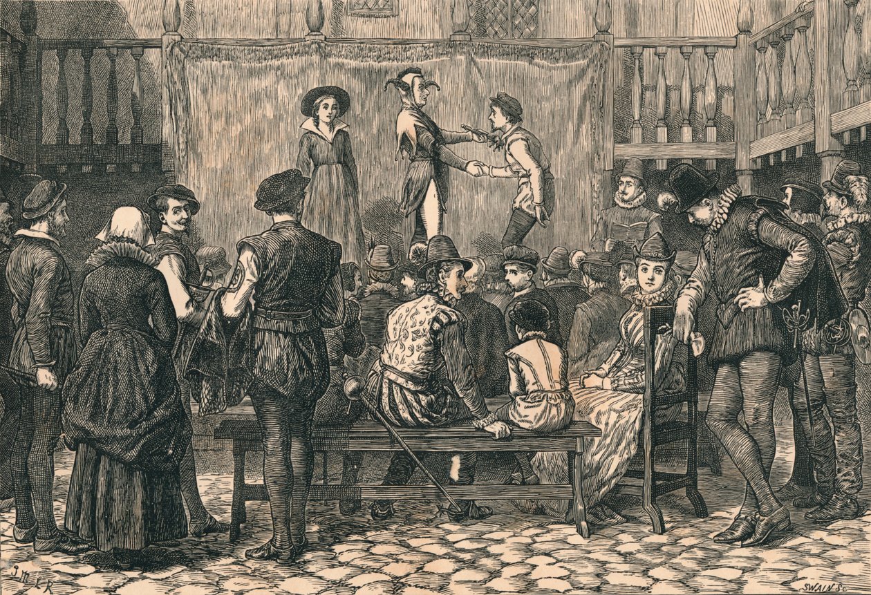 Sztuka w londyńskim dziedzińcu gospody, w czasach królowej Elżbiety, ok. 1873 r. autorstwa Swain
