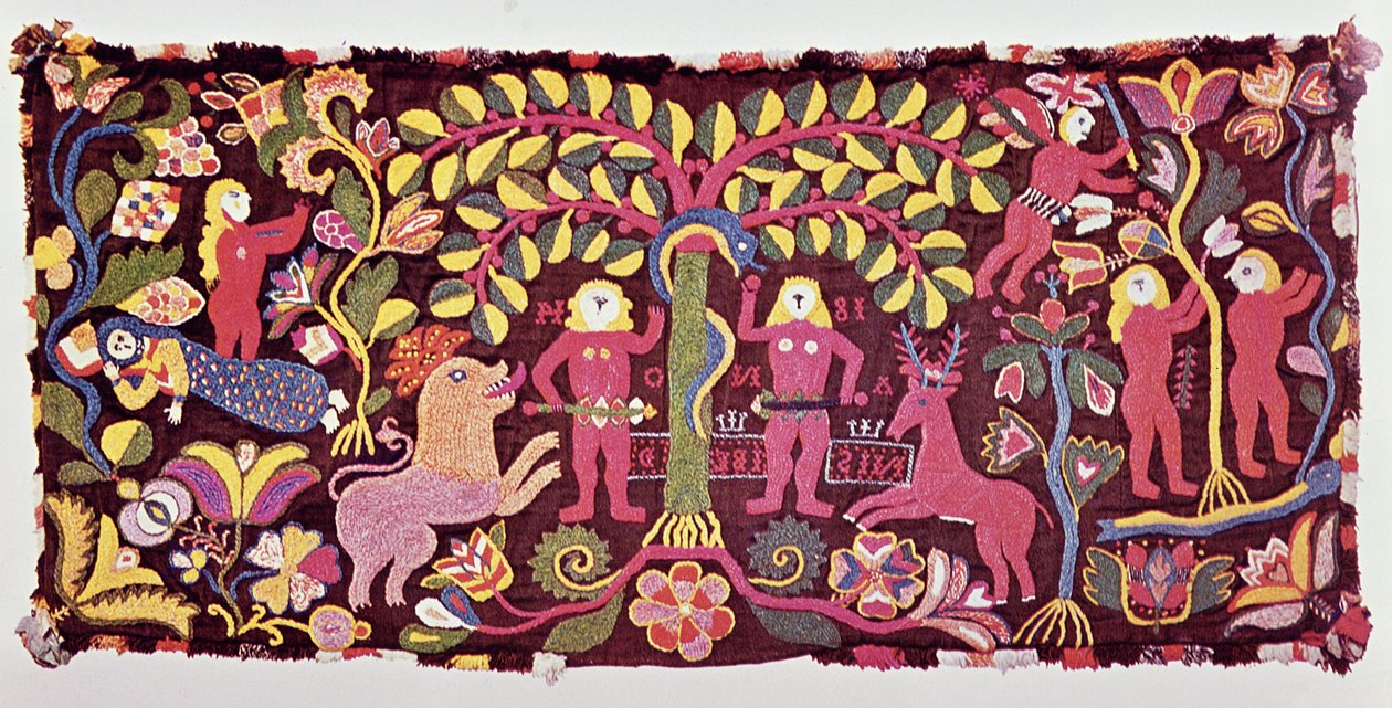 Poszewka na poduszkę do przewozu przedstawiająca Upadek Człowieka, Stworzenie Ewy i Wygnanie Raju, z Akarp, Skania, Szwecja, ok. 1814 (materiał) autorstwa Swedish School