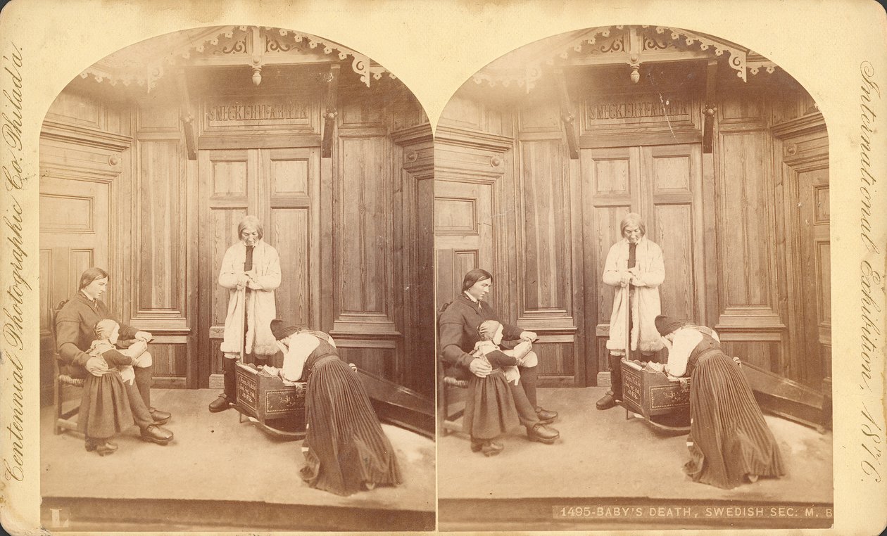 Babys Death, sekcja szwedzka, z tytułu wystawy: Sceny z życia rodzinnego Szwedów, wystawa #na, Gmach Wystawy Głównej, Budynek, 1876 (druk stereoskopowy) autorstwa Swedish Photographer