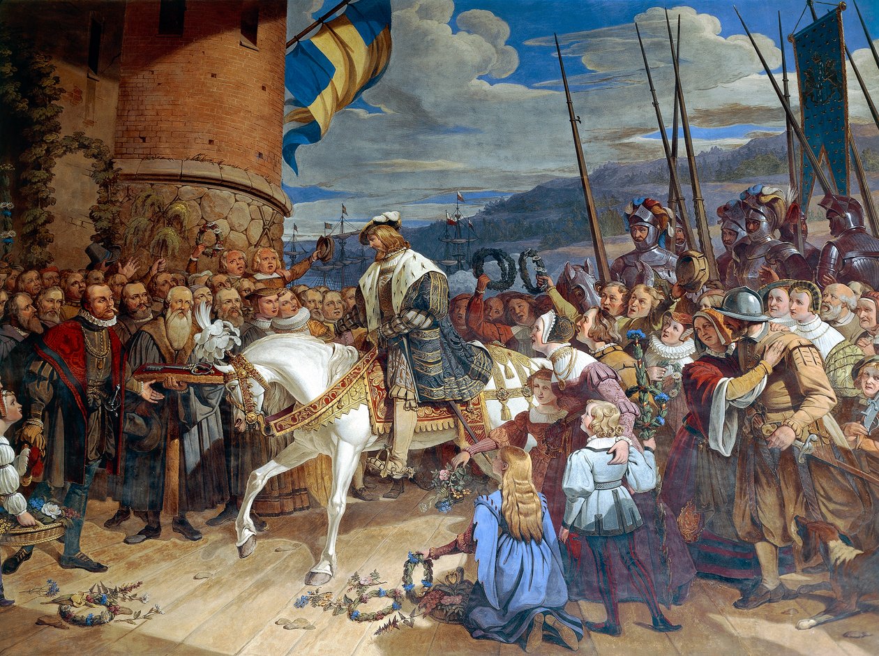 Gustaw I Eriksson Waza, król Szwecji, triumfalnie witany w Uppsali autorstwa Swedish School