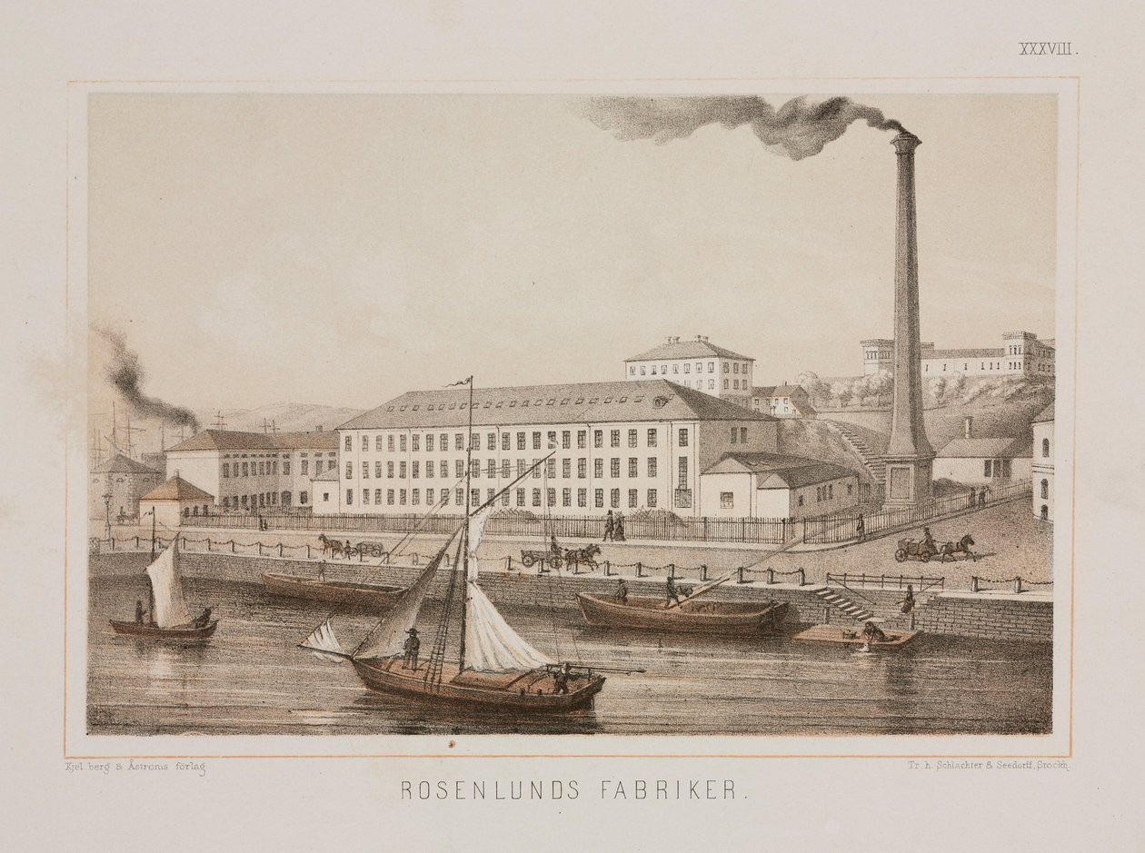 „Rosenlunds Fabriker” (Fabryka Rosenlunds), Rosenlunds, Sztokholm, Szwecja, ok. 1840 (kolor lito) autorstwa Swedish School