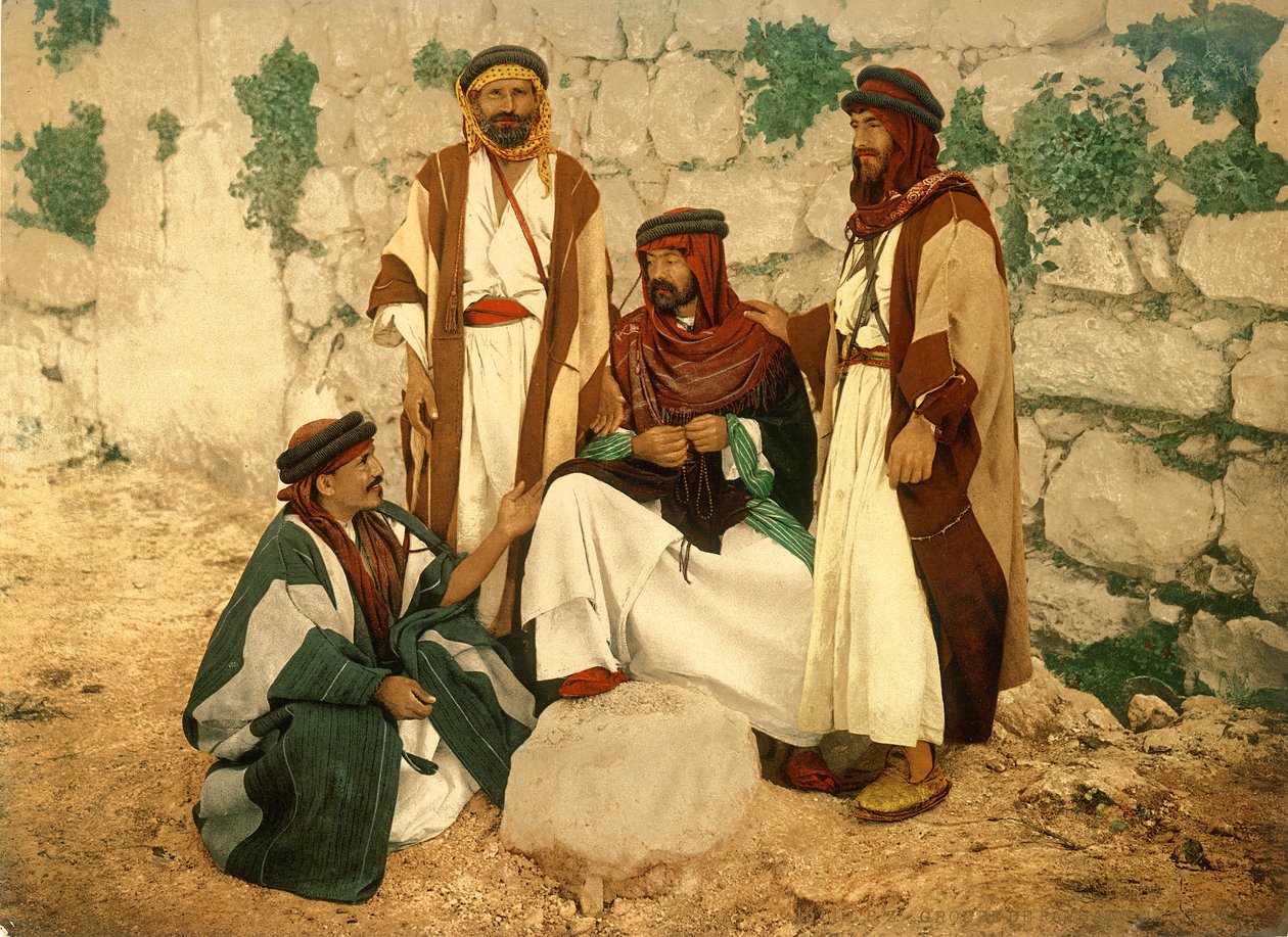 Grupa chłopów w dyskusji w Siloam, Jerozolima, ok. 1880-1900 (fotochrom) autorstwa Swiss Photographer