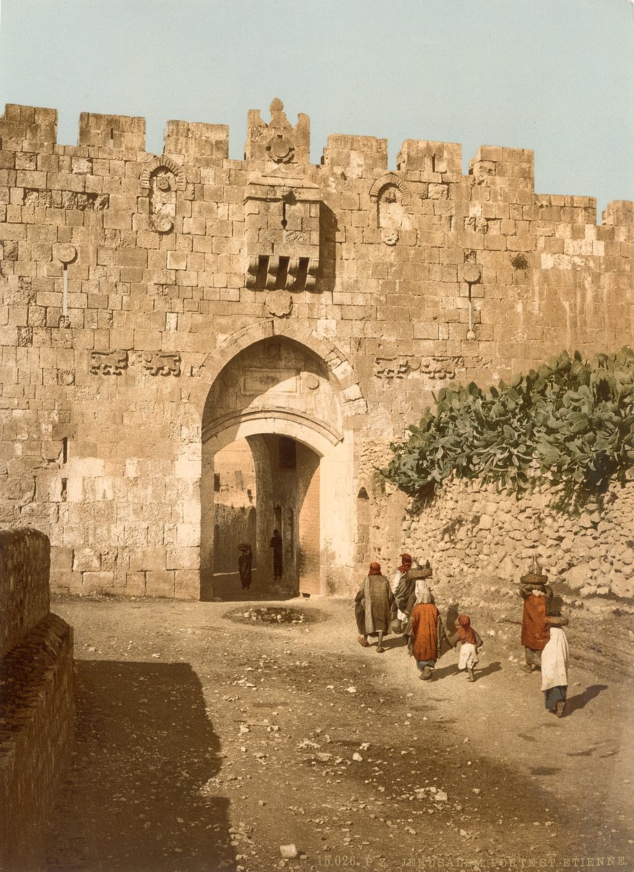 Brama św. Stefana, zwana też Bramą Lwów, Jerozolima, ok. 1880-1900 (fotochrom) autorstwa Swiss Photographer