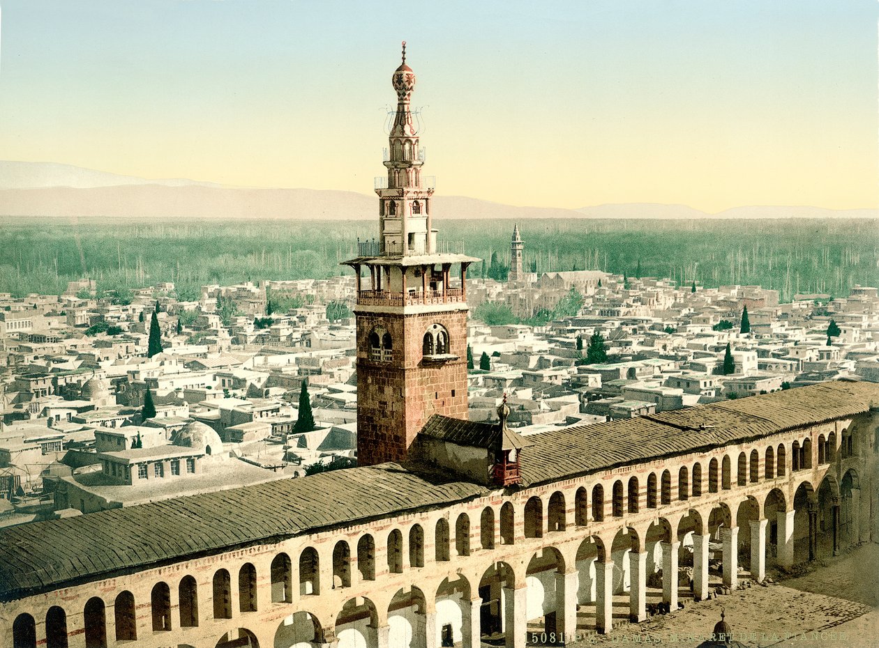 Tak zwany Minaret de la Fiancee Wielkiego Meczetu Umajjadów w Damaszku, ok. 1880-1900 (fotochrom) autorstwa Swiss Photographer