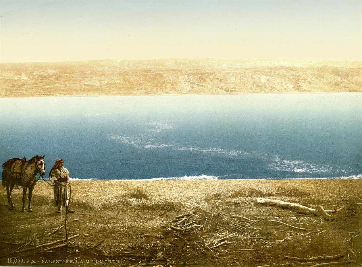 Widok Morza Martwego na wschód w kierunku Moabu, ok. 1880-1900 (fotochrom) autorstwa Swiss Photographer