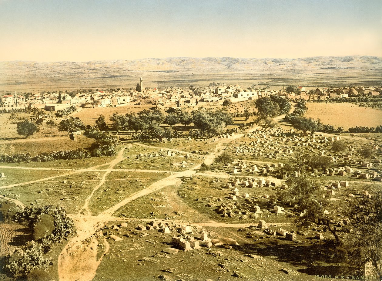Widok miasta Ramleh z cmentarzem na pierwszym planie, ok. 1880-1900 (fotochrom) autorstwa Swiss Photographer