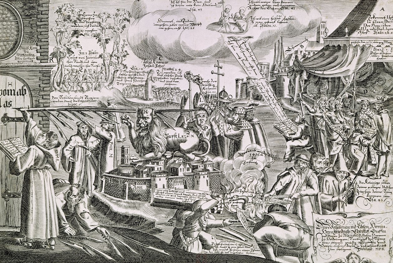Marcin Luter (1483-1546) piszący na drzwiach kościoła w Wittenberdze w 1517 r. autorstwa Swiss School