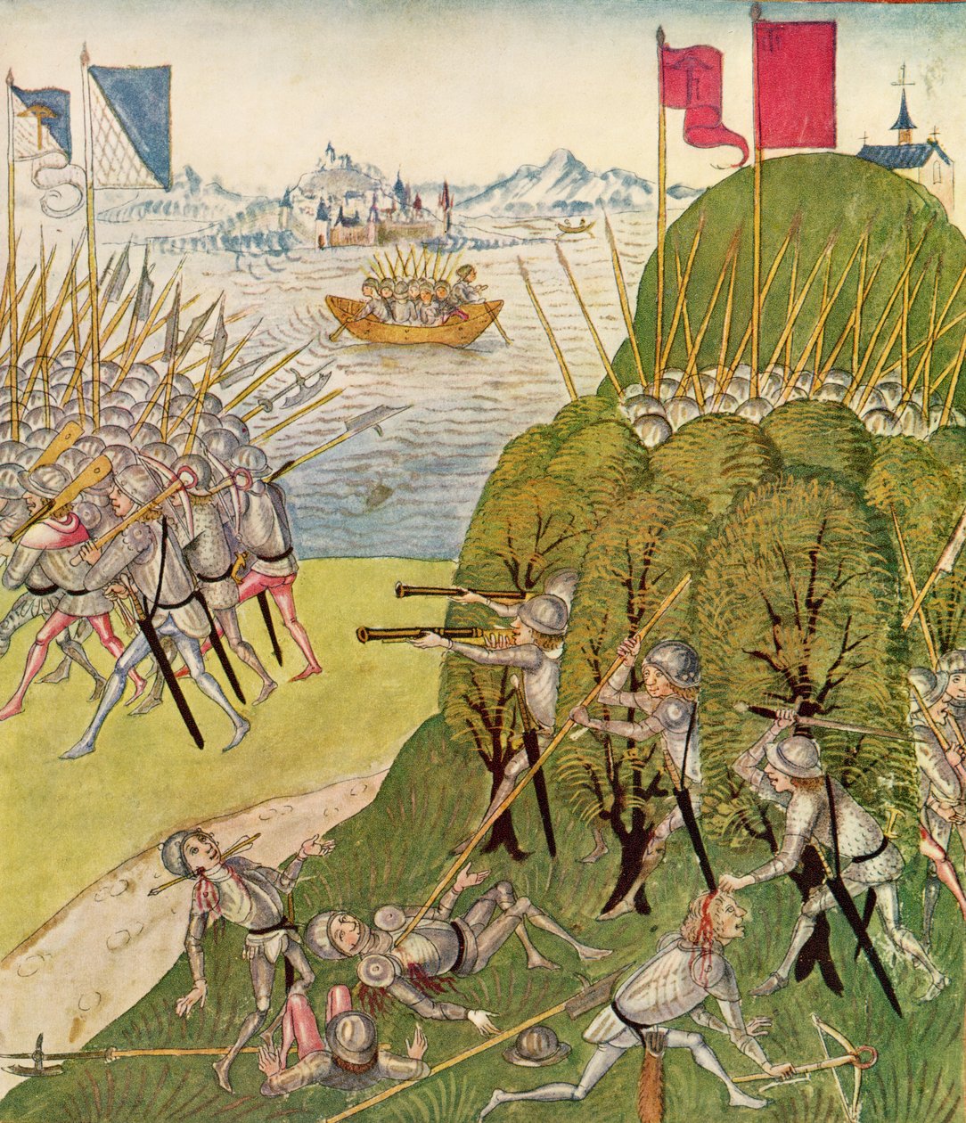 Żołnierze uzbrojeni w pistolety, lance i kusze, z Berner Chronik, Diebold Schilling Starszy (ok. 1445-85) 1483 autorstwa Swiss School