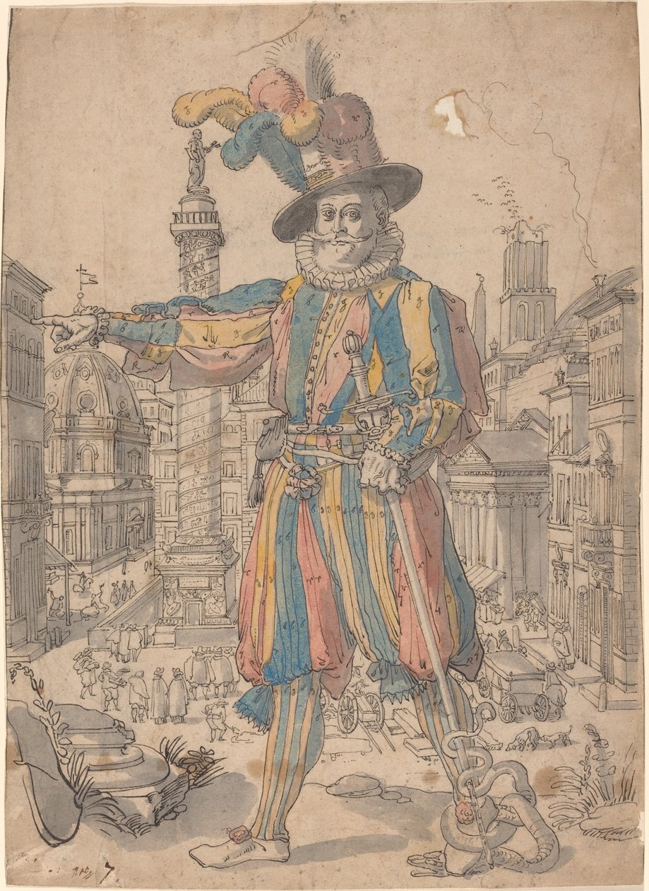 Giovanni Grosso z Gwardii Szwajcarskiej stojący przed widokiem na Rzym autorstwa Swiss 17th Century after Francesco Villamena