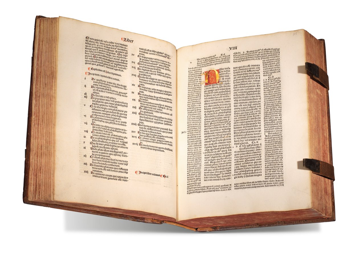 De civitate Dei, z komentarzem Thomasa Waleysa (zm. przed 1349) i Nicolausa Trivet (1258?-1328), Augustyna z Hippony, druk 1489 (wellum) autorstwa Swiss School