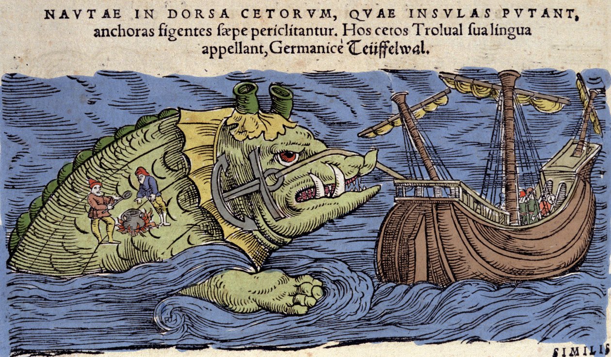 Potwór morski i statek, ilustracja z „Historia Animalium” bu Conrad Gesner autorstwa Swiss School