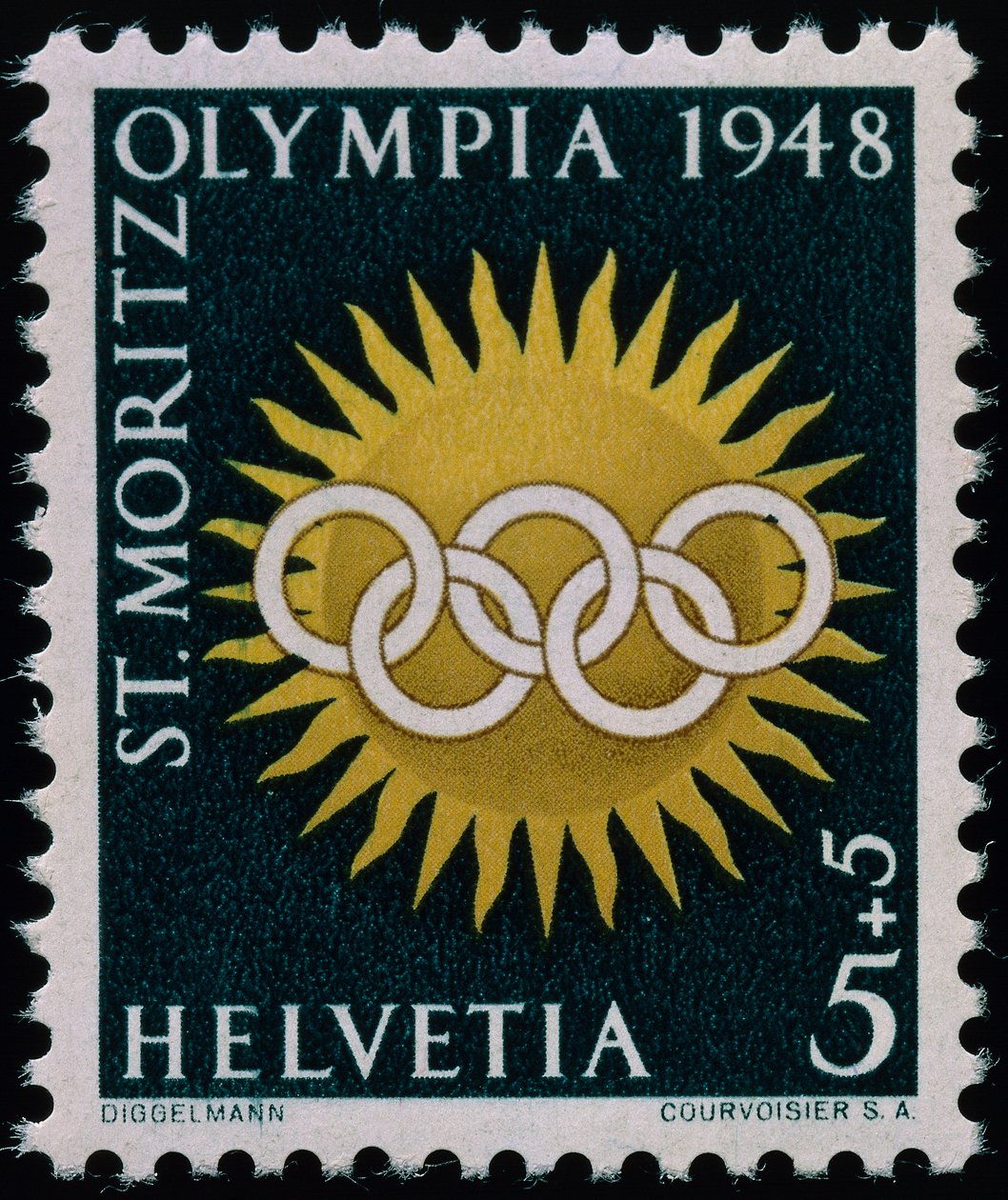 Znaczek upamiętniający Zimowe Igrzyska Olimpijskie w 1948 r. autorstwa Swiss School