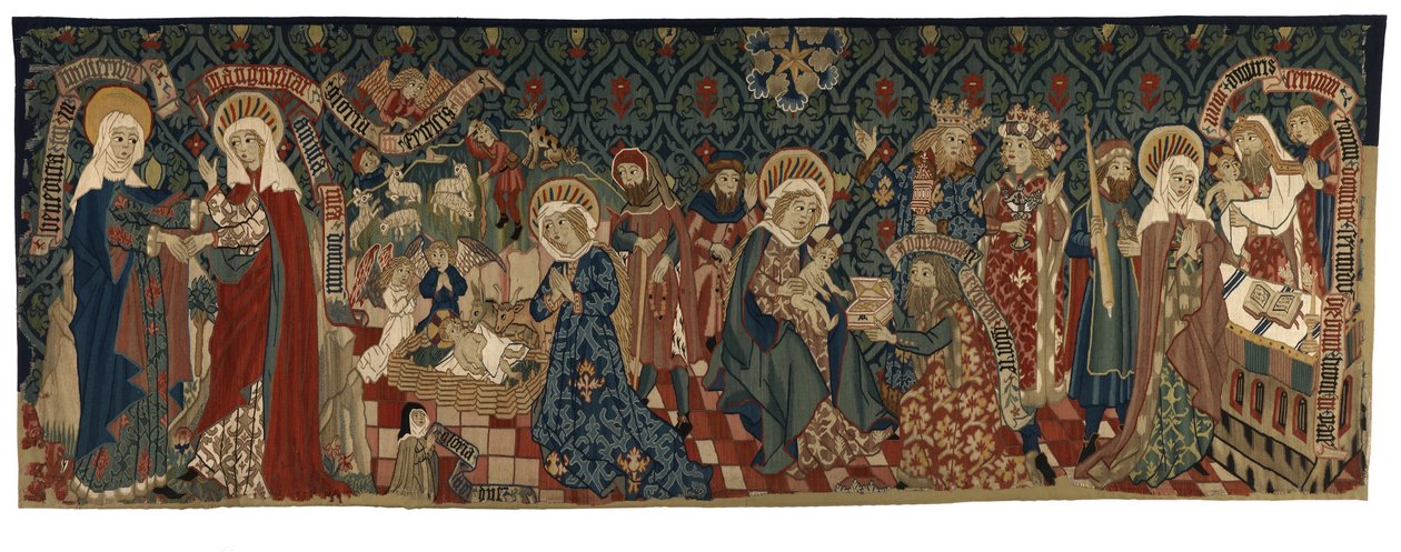 Gobelin na grzbiecie przedstawiający cztery sceny z życia Marii Panny, z Bazylei, ok. 1450-75 (nici wełniane i białe lniane) autorstwa Swiss School