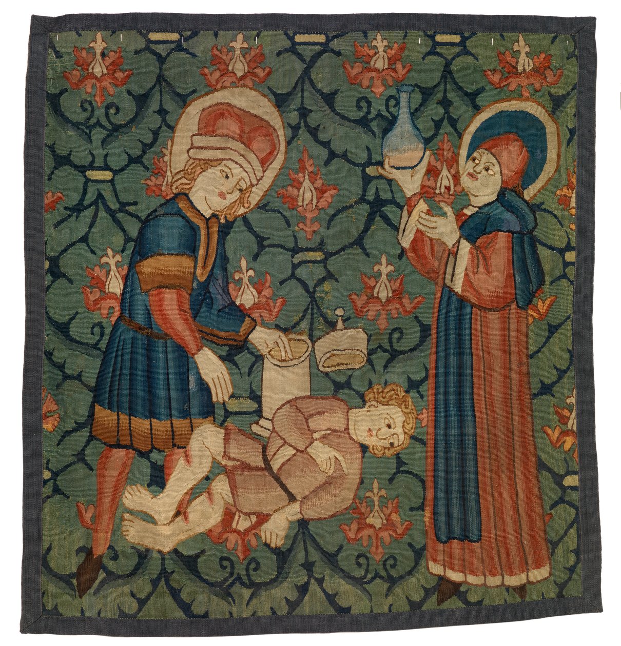 Fragment gobelinu przedstawiający św. Kosmę i św. Damiana autorstwa Swiss School