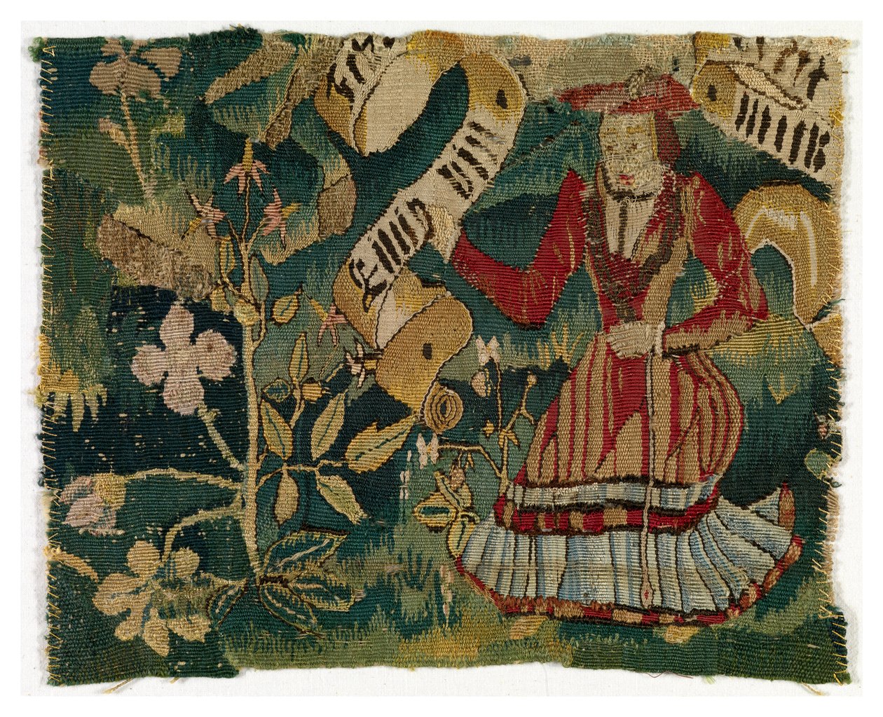 Fragment gobelinu przedstawiający Drzewo i kobietę trzymającą zwój (wełna) autorstwa Swiss School