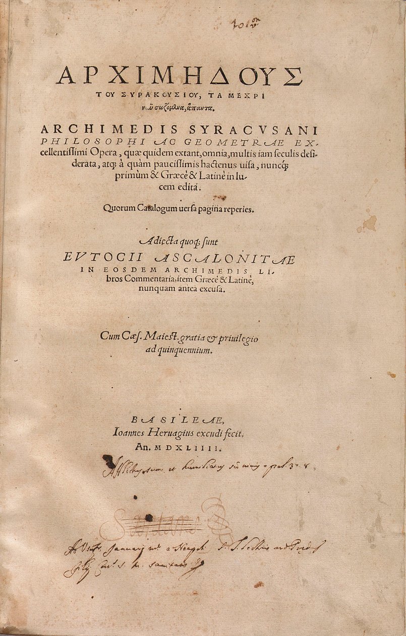 Strona tytułowa drukowanego wydania „Archimedes Palimpsest”, Editio Princeps autorstwa Swiss School