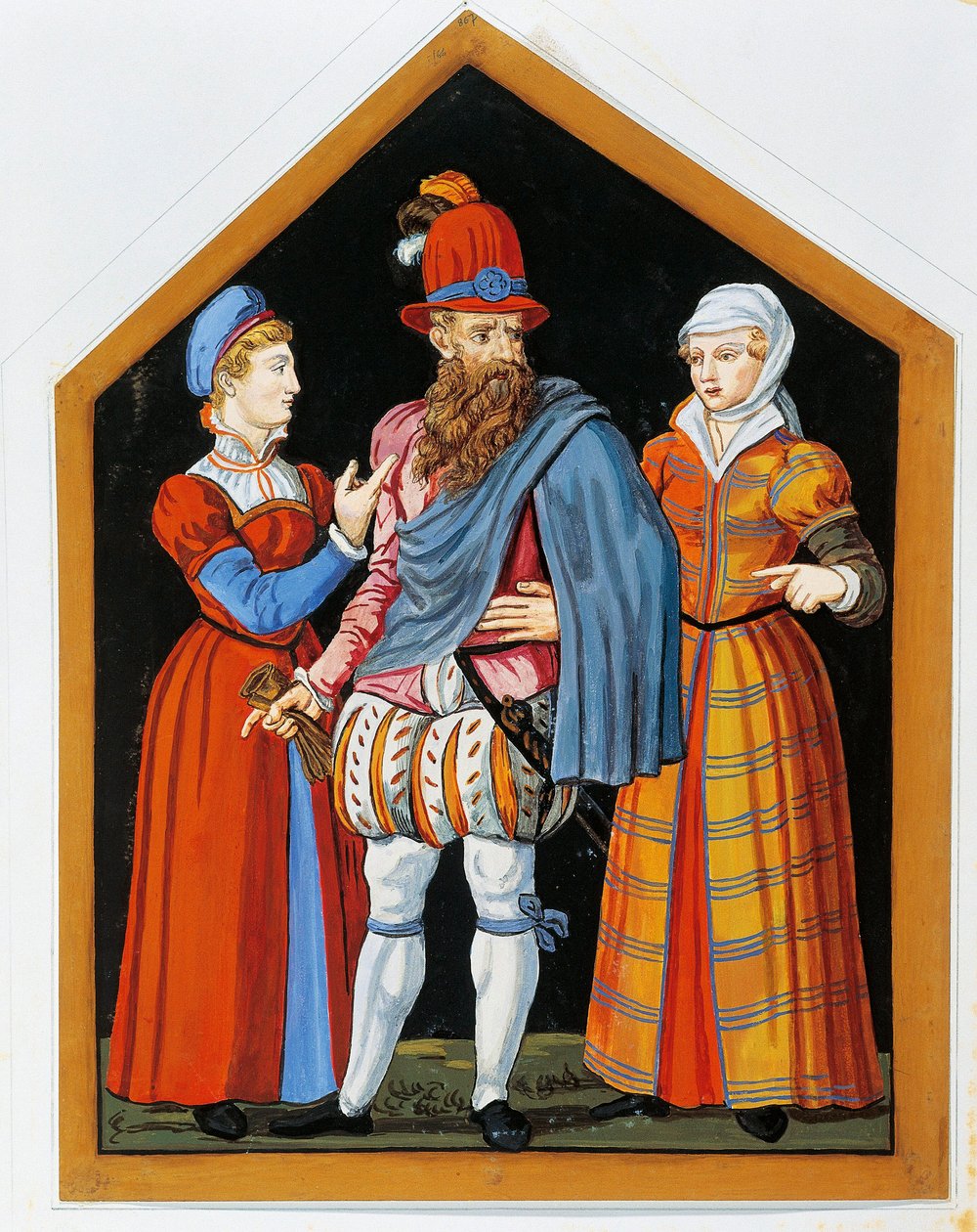 „Dwie prostytutki i alfons” Anonimowy obraz z XVI wieku (obraz) autorstwa Swiss School