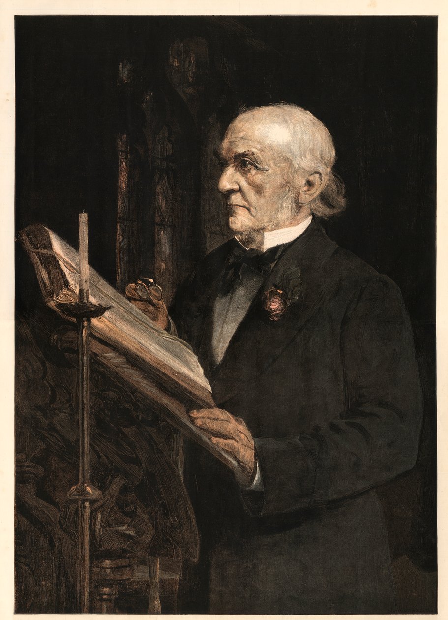 William Ewart Gladstone (1809-1898) Angielski mąż stanu, czytający lekcję w kościele Hawarden. autorstwa Sydney Prior after Hall