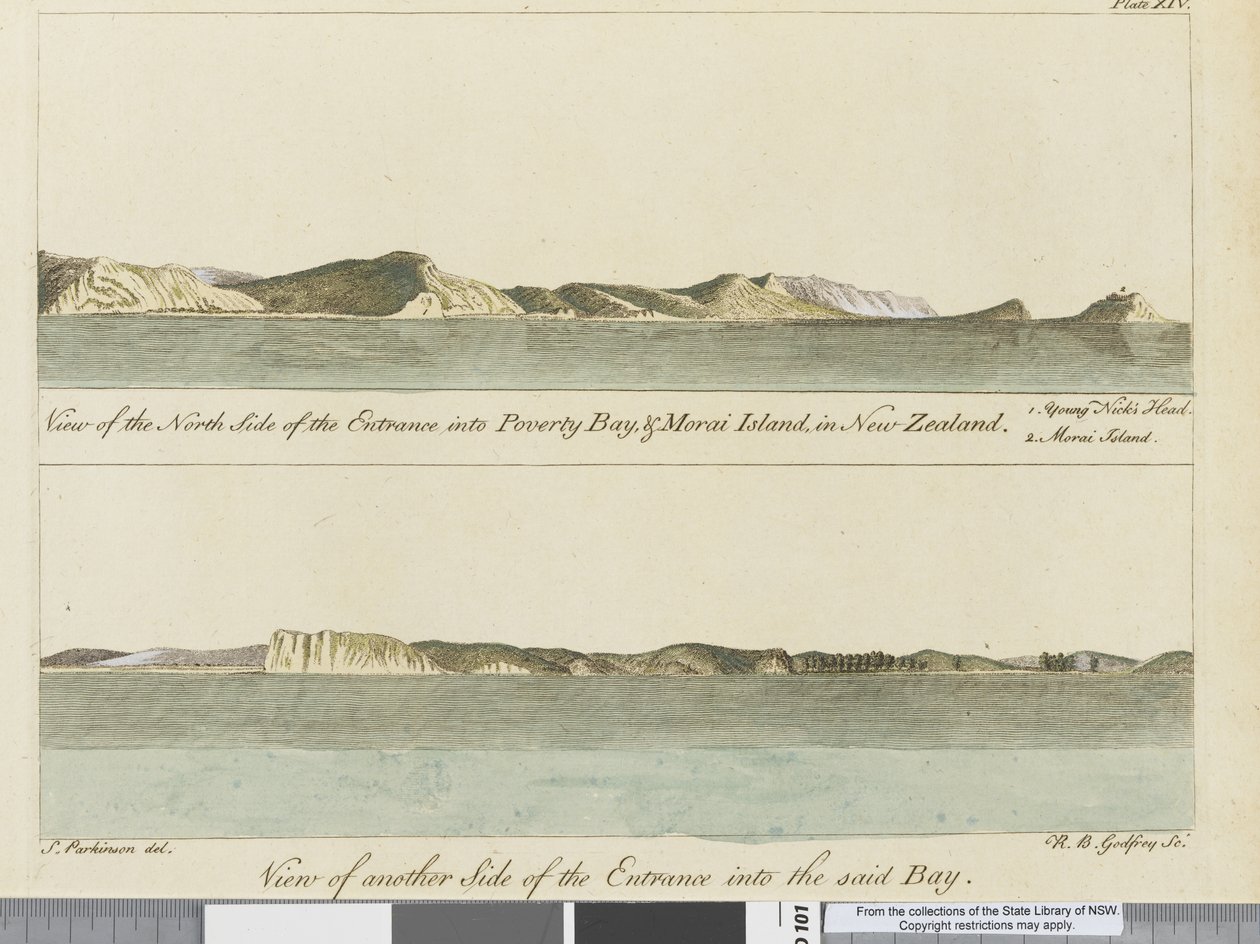 Ilustracja z Dziennika podróży na morza południowe: na statku Jego Królewskiej Mości, The Endeavour, 1794 (ręcznie kolorowane grawerowanie) autorstwa Sydney
