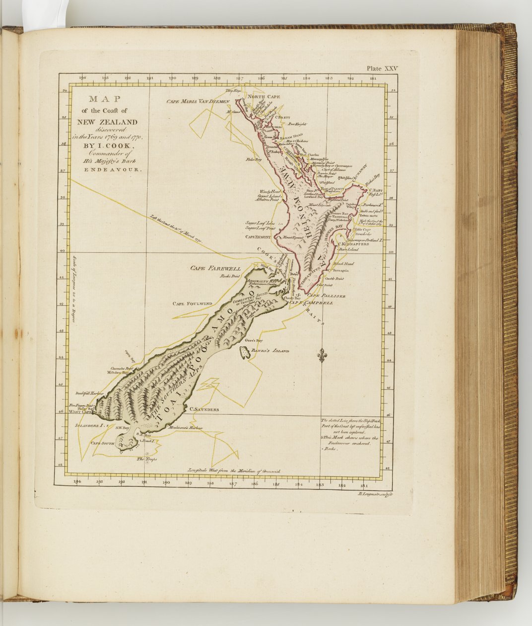 Mapa wybrzeża Nowej Zelandii, ilustracja z Dziennika podróży na morza południowe : na statku Jego Królewskiej Mości, The Endeavour, 1794 (kolorowane ręcznie) autorstwa Sydney