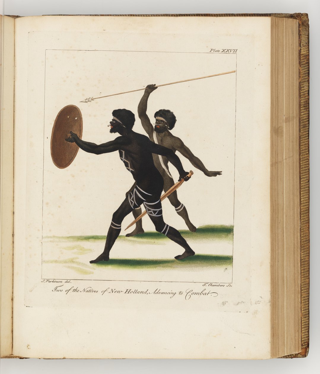 Dwóch tubylców z Nowej Holandii, ilustracja z Dziennika podróży na morza południowe: na statku Jego Królewskiej Mości, The Endeavour, 1794 (ręcznie barwiony grawerunek) autorstwa Sydney