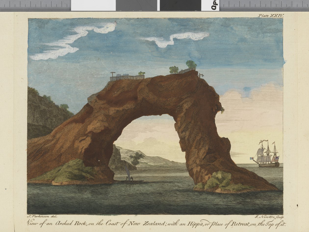 Widok łukowatej skały, ilustracja z Dziennika podróży na morza południowe : na statku Jego Królewskiej Mości, The Endeavour, 1794 (ręcznie kolorowana grawerunek) autorstwa Sydney