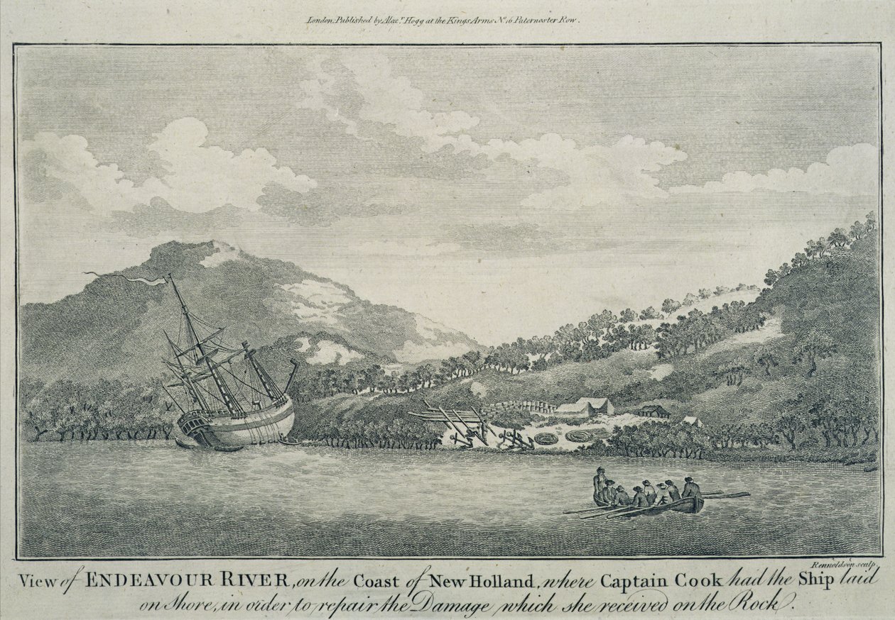 Kapitan Cook, który rozbił się podczas swojej podróży dookoła świata, naprawił Endeavour w porcie na jednej z Wysp Nadziei, ok. 1786 r. (rycina) autorstwa Sydney (after) Parkinson