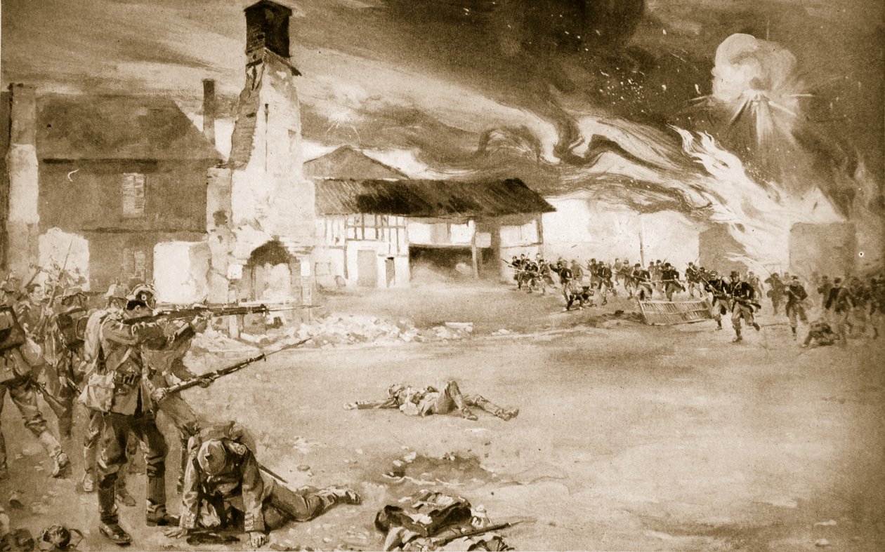 Francuzi pokonują niemiecką gwardię cesarską w wiosce, która czterokrotnie zmieniała właściciela, 1914-19 autorstwa Sydney Adamson