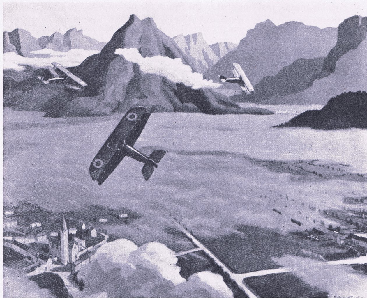 Brytyjscy zwiadowcy opuszczający lotnisko na patrolu nad płaskowyżem Asiago we Włoszech, z publikacji British Adventure wydanej przez Collins, 1947 autorstwa Sydney Carline