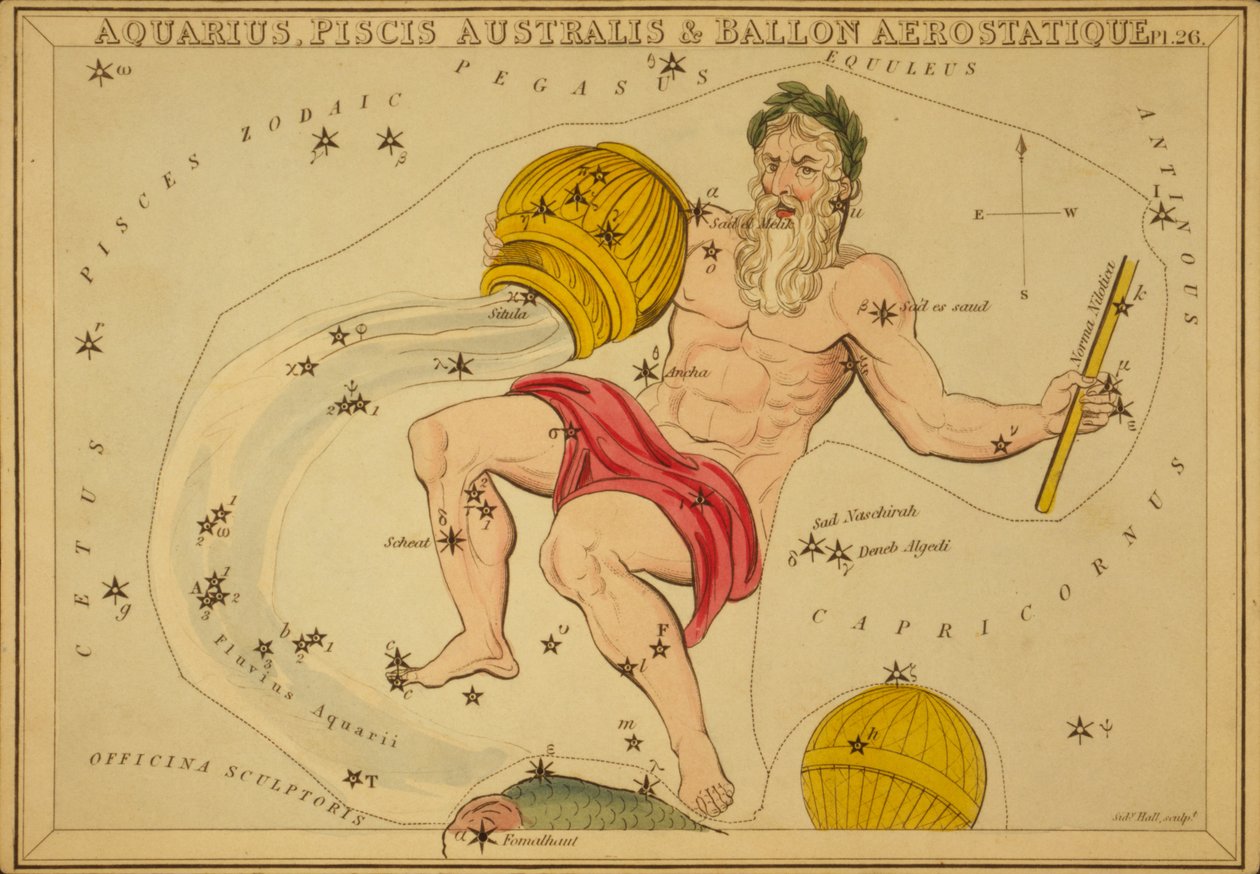 Aquarius, Piscis Australis i Ballon Aerostatique, ilustracja z „Zwierciadła Urania” autorstwa Sydney Hall